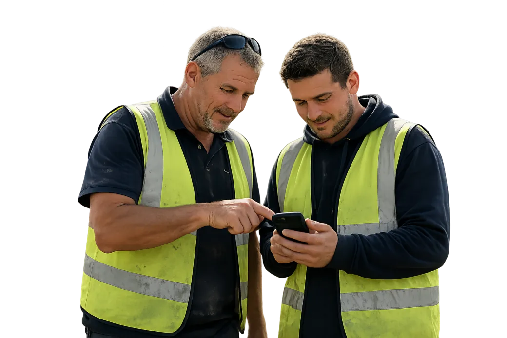 Construction crew on site checking today's jobs in Bob on a phone